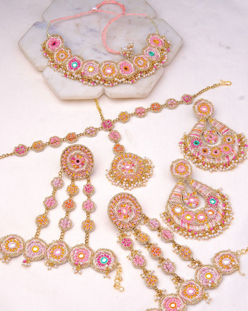 Beaming Bud Orange Set (Choker, Earrings, Mathapatti & Set Of Haathphool)