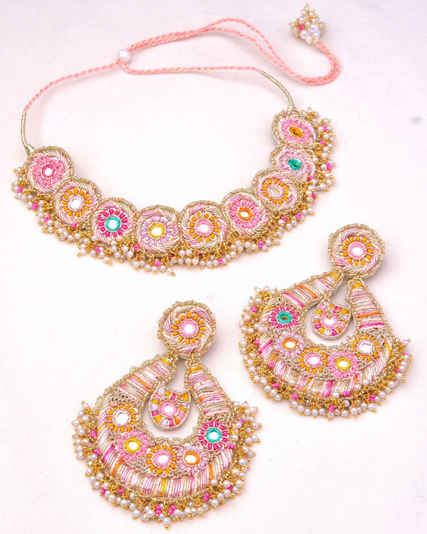 Beaming Bud Orange Set (Choker, Earrings, Mathapatti & Set Of Haathphool)