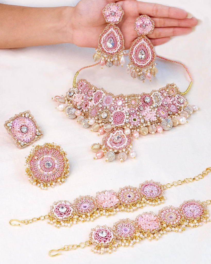 Khoobsurat Pink (Choker, Earrings, Set of Bracelets and Rings) - TONOTO